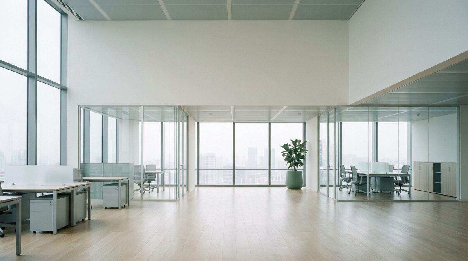 An empty modern office at dawn, freshly cleaned